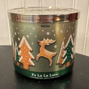 White Barn Fa La La Latte Candle with Green and Brown Design